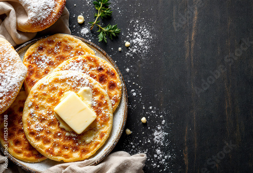 A photo of blini with butter on a plate, isolated on a dark wooden background