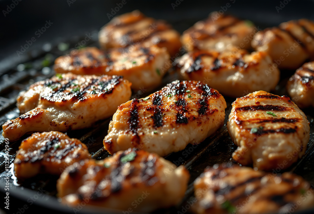 A photo of grilled chunks of chicken on a pan A photo of grilled chunks of chicken on a pan