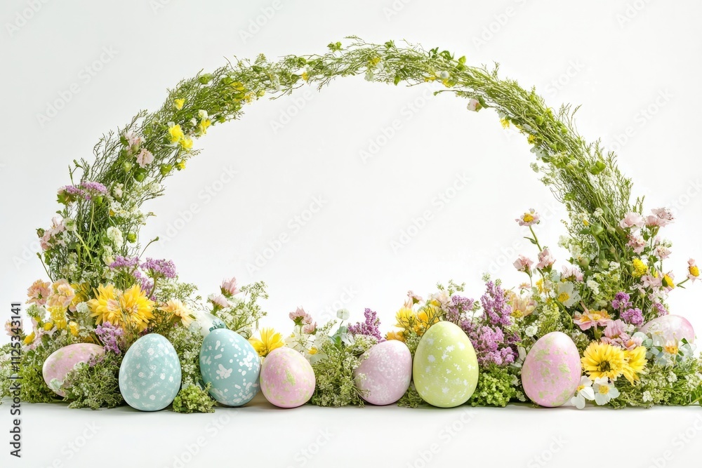 Brightly decorated Easter arch with pastel eggs and vibrant spring flowers in a cheerful garden setting