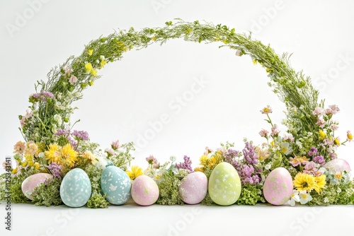 Obraz na płótnie Brightly decorated Easter arch with pastel eggs and vibrant spring flowers in a cheerful garden setting w salonie