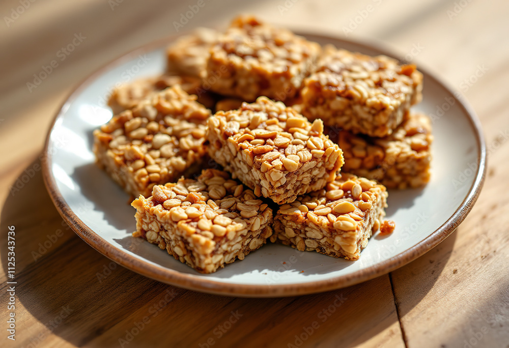 a plate with a collection of rectangular, granola-like bars a plate with a collection of rectangular, granola-like bars