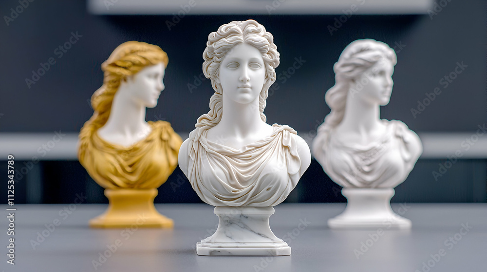 Three elegant busts in varying colors—gold, white, and cream—display classic artistry against a modern backdrop. Three elegant busts in varying colors—gold, white, and cream—display classic artistry against a modern backdrop.