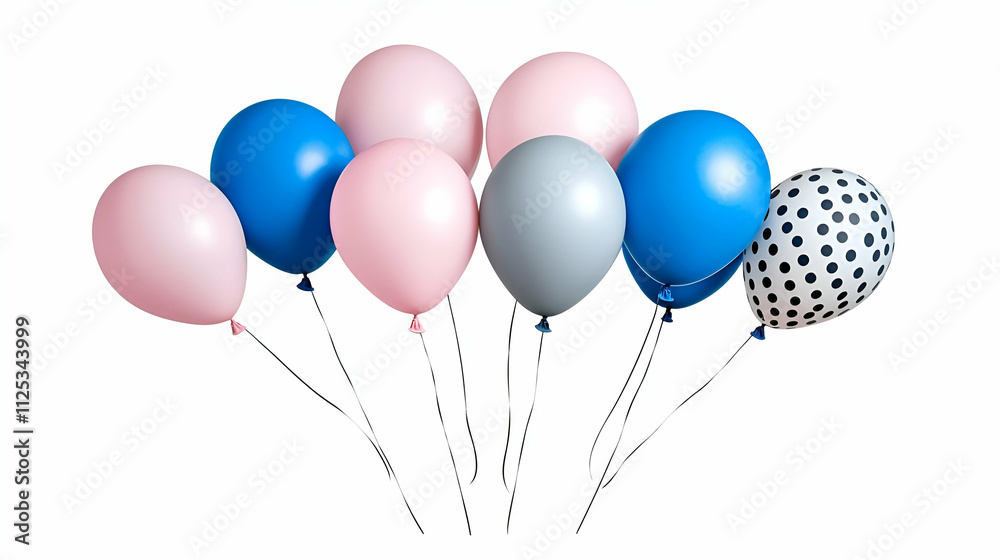 Colorful balloons in various shades of pink, blue, gray, and patterned designs, suspended with strings against a plain white background. Colorful balloons in various shades of pink, blue, gray, and patterned designs, suspended with strings against a plain white background.