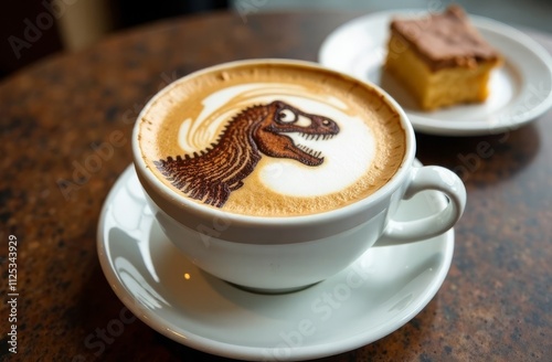 The dinosaur is depicted using cinnamon powder on a cappuccino foam, latte on a cafe table, next to a dessert