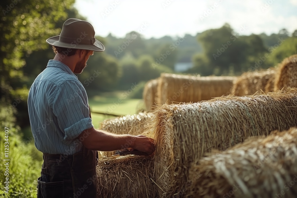 A farmer dressed in a checkered shirt and overalls, wearing a wide-brimmed hat, inspects a hay bale in a scenic rural field. A farmer dressed in a checkered shirt and overalls, wearing a wide-brimmed hat, inspects a hay bale in a scenic rural field.
