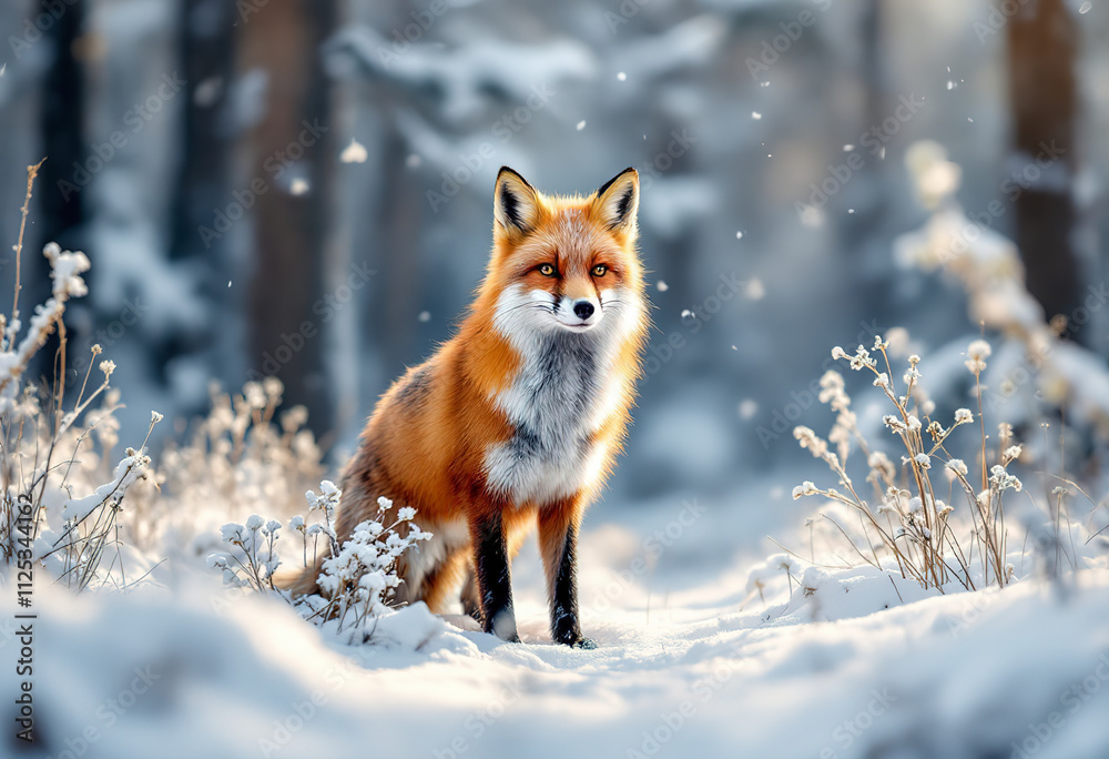 Obraz premium A red fox standing in the snow, with a snowy forest background