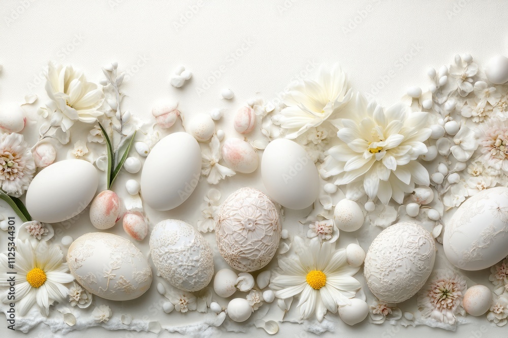 Elegant white eggs arranged with delicate flowers and soft petals on a serene backdrop, creating a tranquil spring atmosphere Elegant white eggs arranged with delicate flowers and soft petals on a serene backdrop, creating a tranquil spring atmosphere