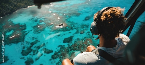 Aerial View of Turquoise Ocean and Coral Reef from Helicopter