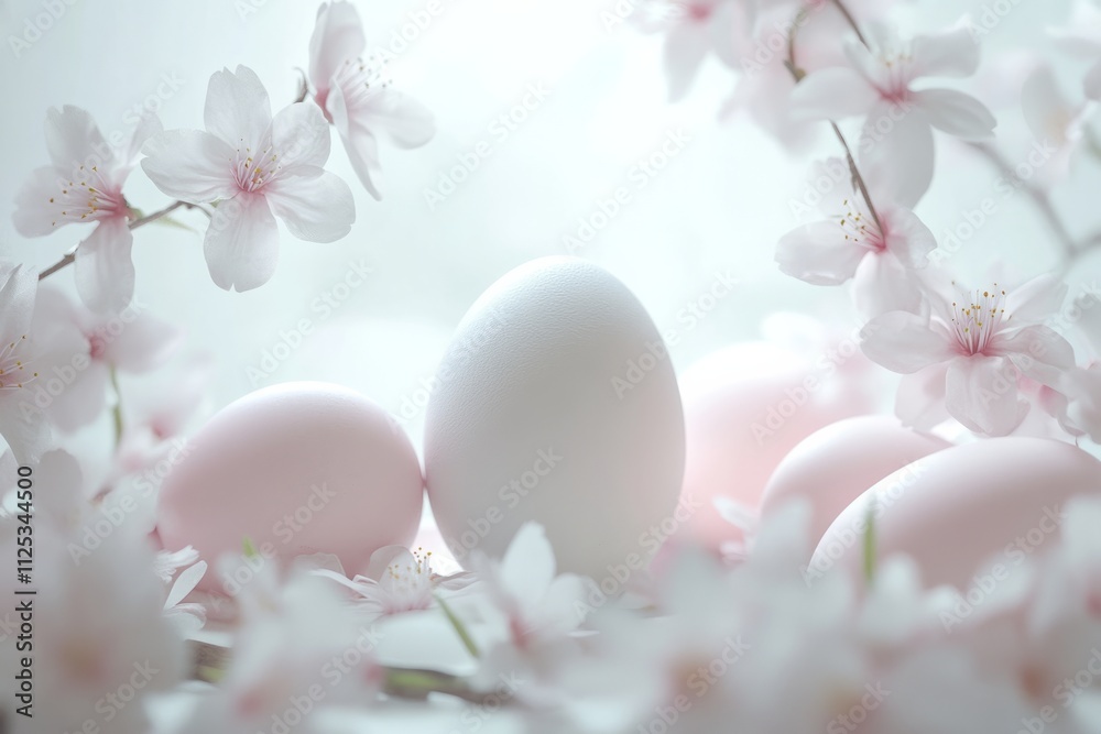 Delicate springtime eggs are lovingly nestled among vibrant blooming cherry blossoms, creating a serene and soft pastel ambiance Delicate springtime eggs are lovingly nestled among vibrant blooming cherry blossoms, creating a serene and soft pastel ambiance