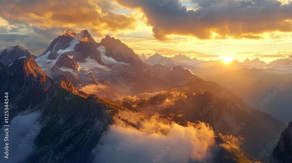 Fototapeta premium Majestic mountain bathed in sunset light, with cloud swirling around the peaks.