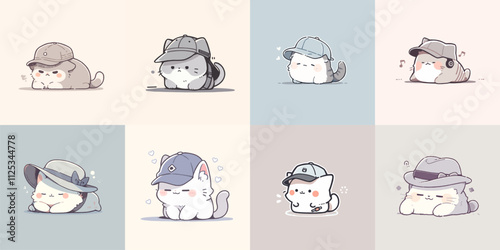 Whimsical Kittens in Hats. A Cute Collection of Playful Charm. Cute Cats Vector Collection.