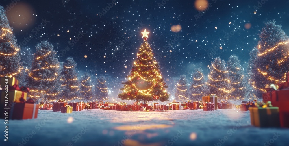snowy Christmas landscape with trees and lights, a large decorated tree in the center surrounded by presents, with snowflakes falling gently on it creating an atmosphere of magic and joy Generative AI