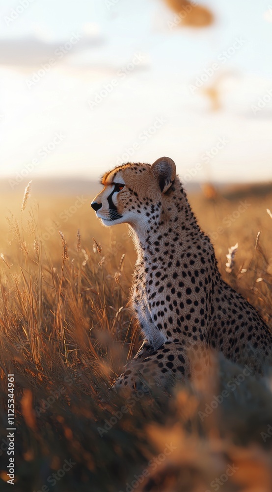Fototapeta premium Cinematic Cheetah Sitting in Grassland with Distant Gaze