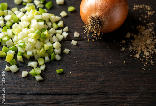 chopped green onions isolated on a dark wooden background.
