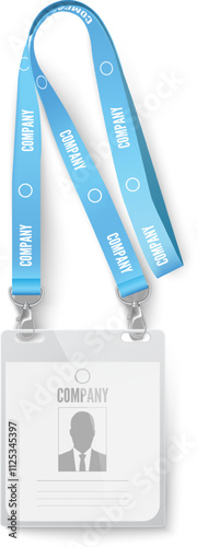 Blue lanyard with company name and id card holder showing a businessman silhouette, isolated on white background, represents professional identification and corporate branding