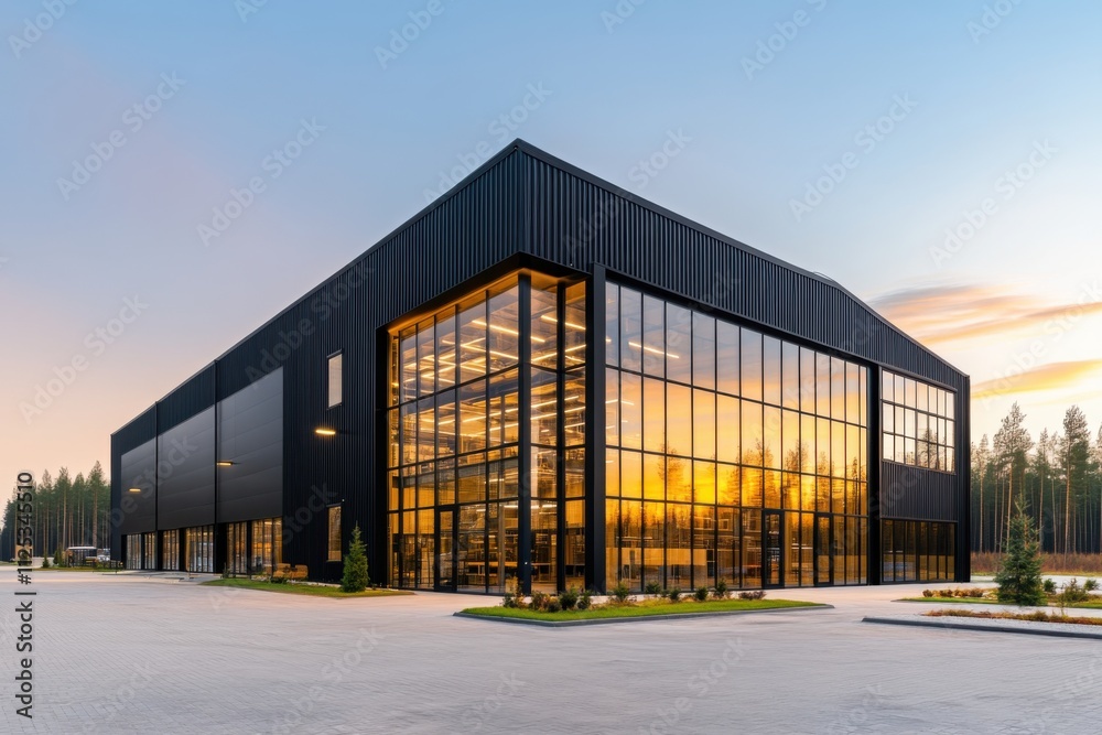 Modern black office building featuring large glass windows and minimalist design set against a backdrop of greenery in a tranquil urban environment Modern black office building featuring large glass windows and minimalist design set against a backdrop of greenery in a tranquil urban environment