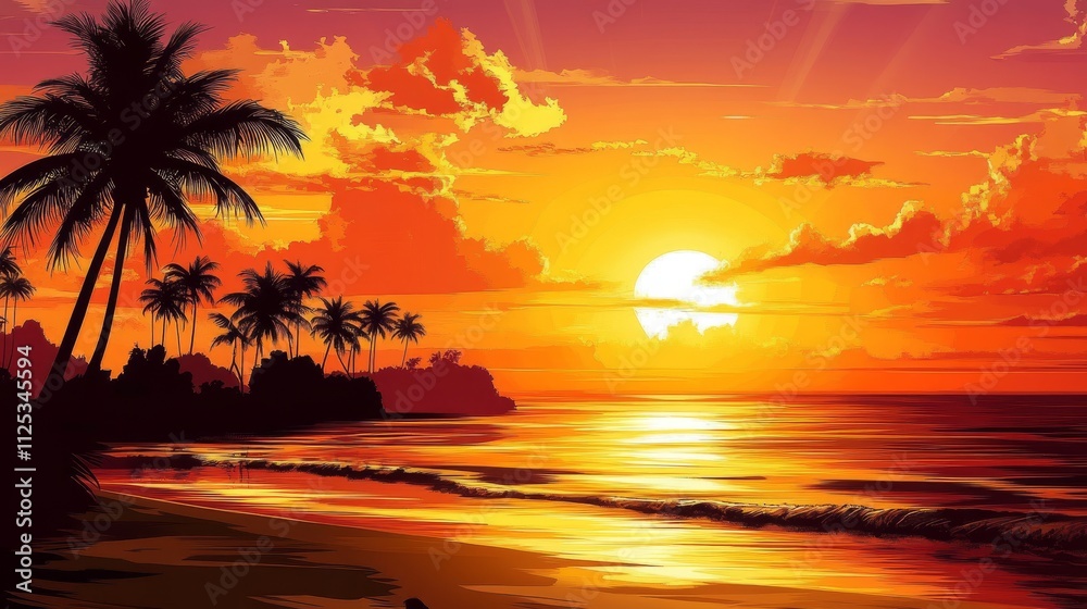 A vibrant sunset over a beach with palm trees, creating a serene tropical atmosphere.