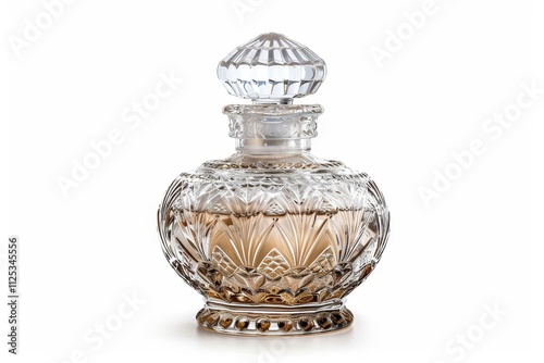 A decorative glass perfume bottle with a faceted stopper, showcasing a light amber fragrance inside.