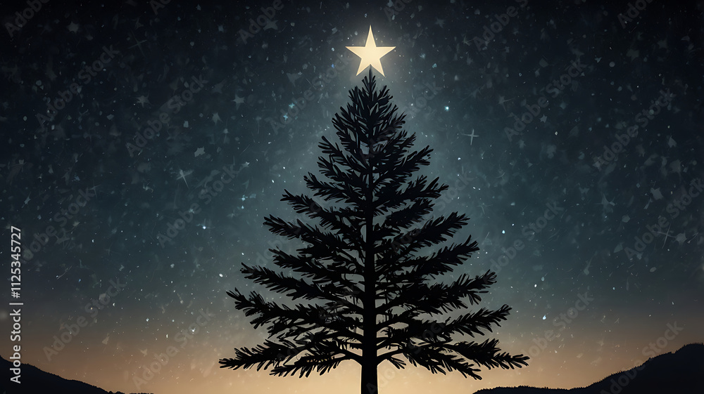 Silhouette of a Christmas tree with a star on top against a night sky. Silhouette of a Christmas tree with a star on top against a night sky.