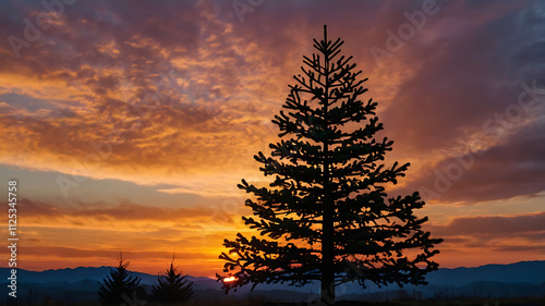 Silhouette of a pine tree at sunrise with a colorful sky and mountain range in the background.