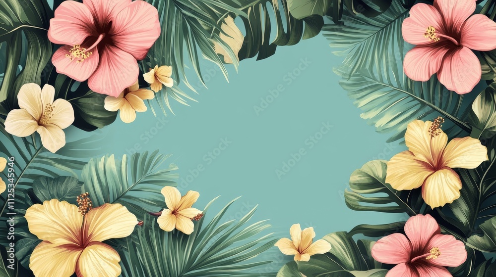 Fototapeta premium A vibrant floral border featuring tropical flower and leaves, perfect for backgrounds or invitations.