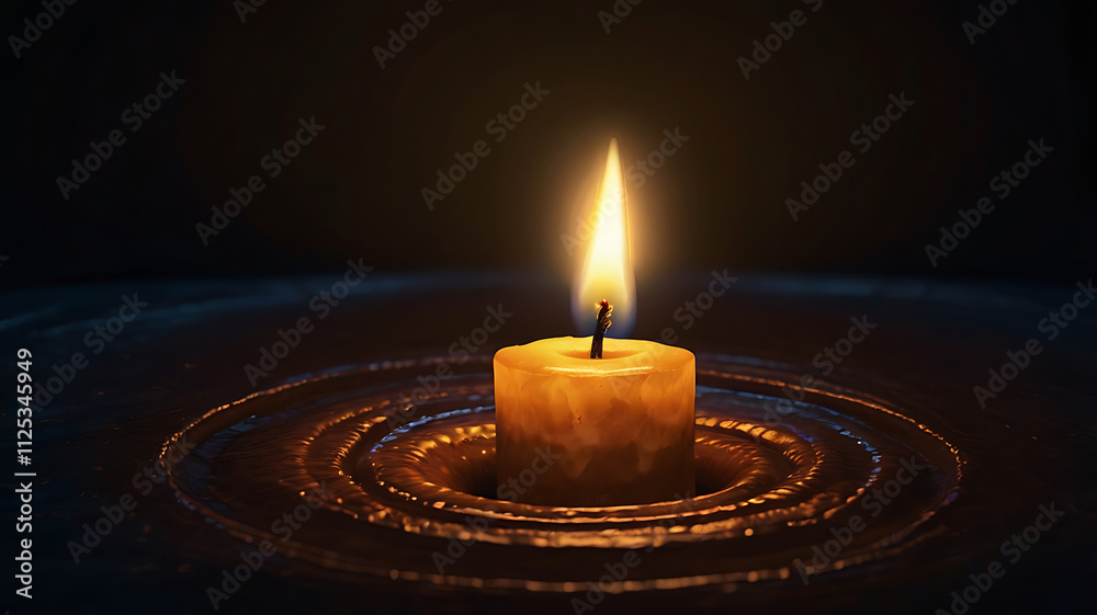 Single lit candle floating in dark water, creating concentric ripples. Single lit candle floating in dark water, creating concentric ripples.