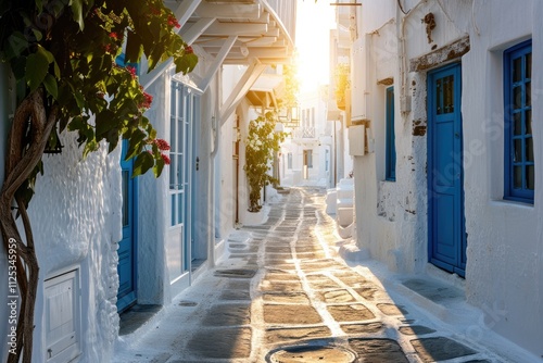 Fototapeta Naklejka Na Ścianę i Meble -  Whitewashed Charm: Mykonos Town Streets on a Summer Morning