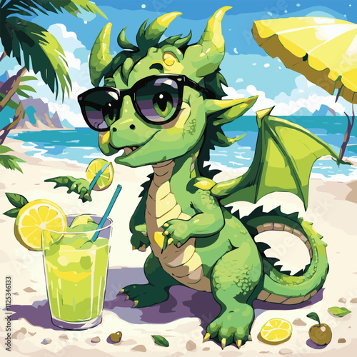 Digital illustration of a green lizard on vacation sunbathing and drinking a cocktail from a coconut. Vector of a reptile on the beach sitting on sand with sunglasses vector illustration.	