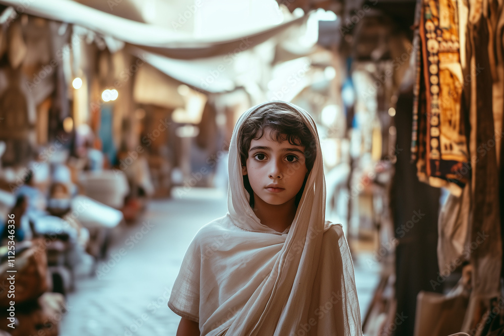Fototapeta premium A serious little boy in a Greek or Roman style tunic. 