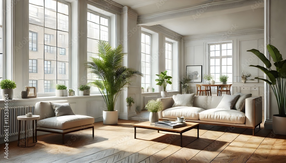 Modern Living Room with Indoor Plants and Large Windows Modern Living Room with Indoor Plants and Large Windows