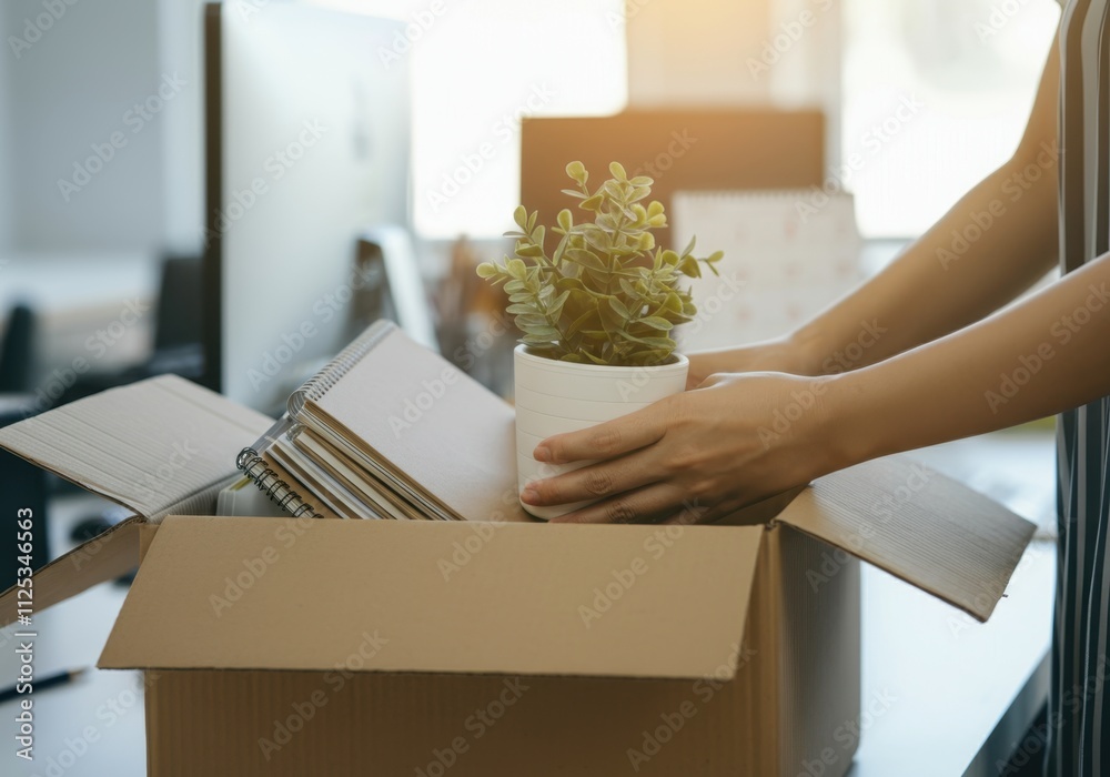 Fototapeta premium Employee putting plant and notebooks into box, preparing for relocation or leaving job