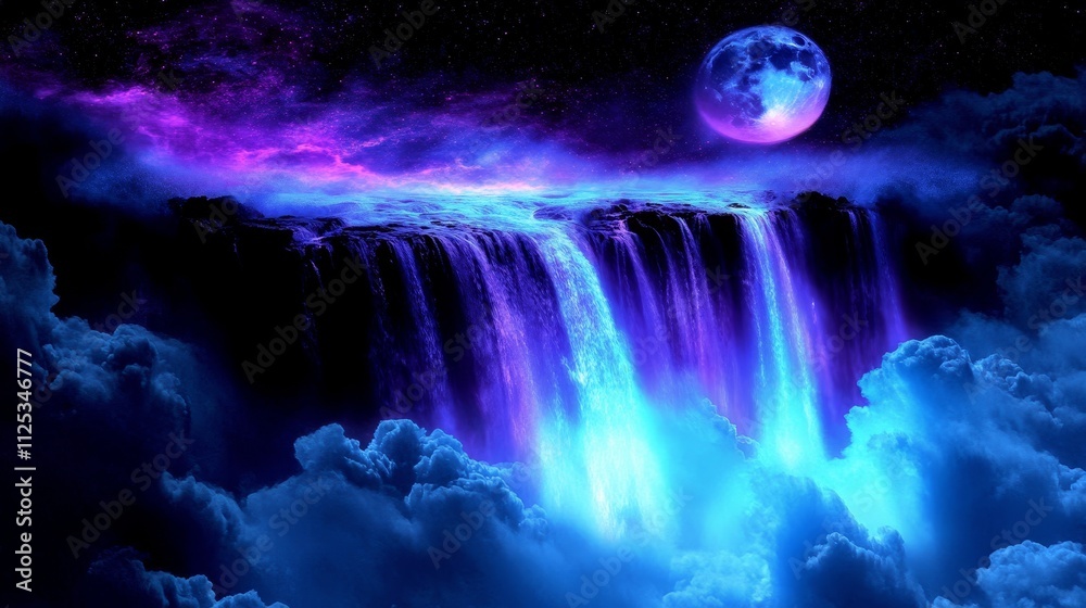 Fototapeta premium A surreal waterfall cascading into cloud under a vibrant cosmic sky.