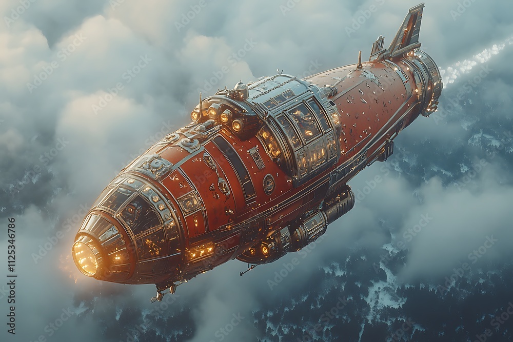 A steampunk airship soars through a cloudy sky above a snowy landscape. A steampunk airship soars through a cloudy sky above a snowy landscape.