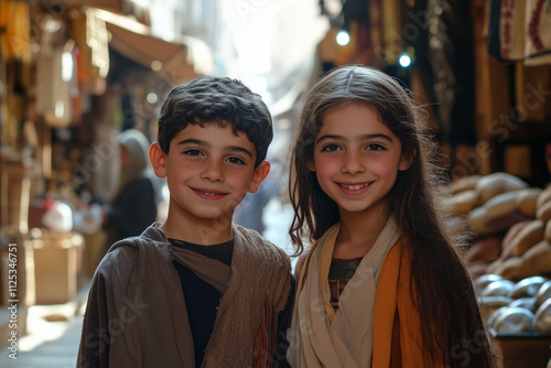 Siblings posing for a photo in a Middle Eastern market. Boy and girl in a shopping street. photo