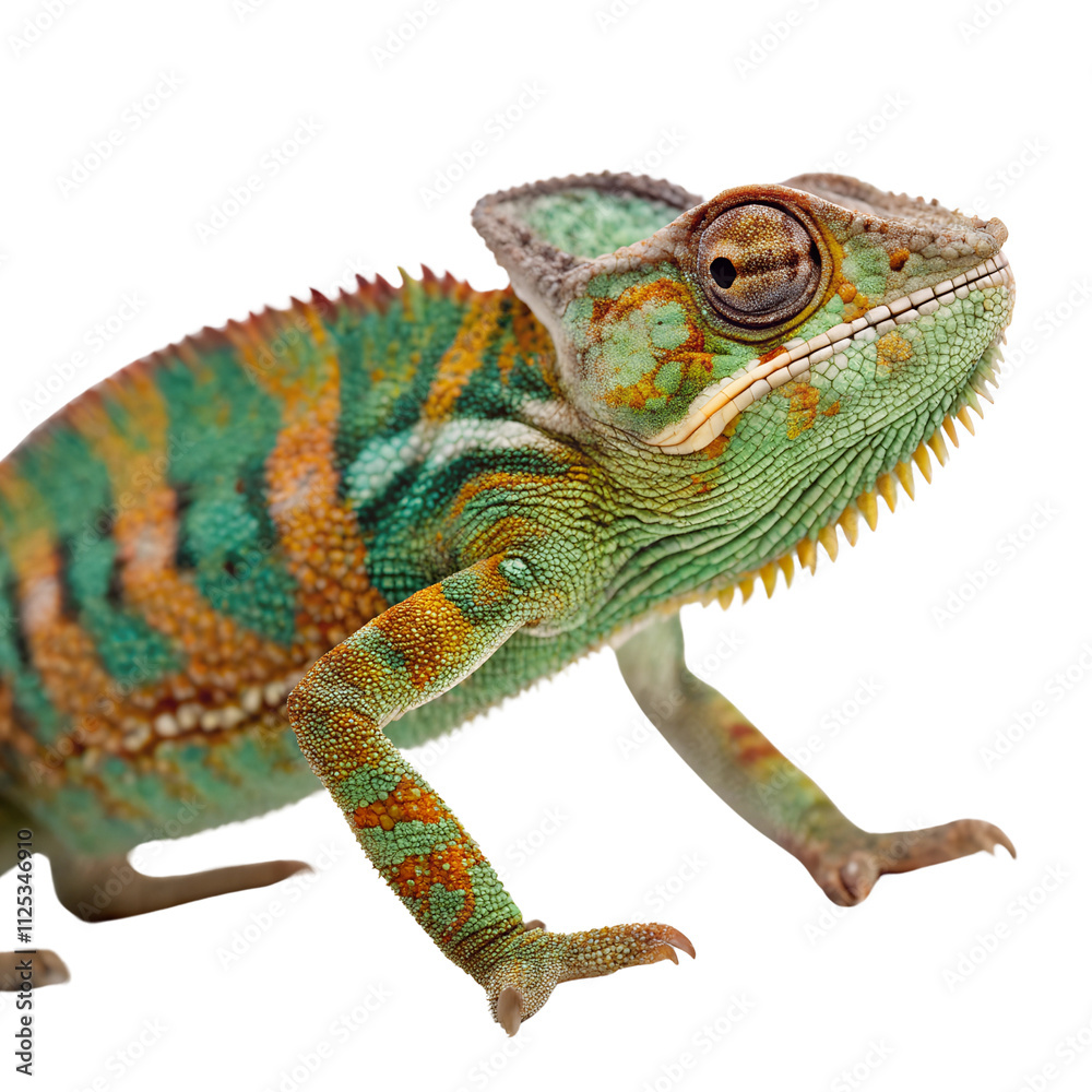 Obraz premium Close-Up Portrait of a Colorful Chameleon isolated on transparent background cutout, Png, Cutout