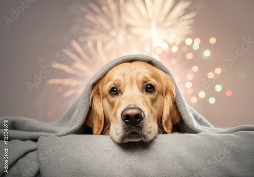 Golden retriever dog hiding under blanket because of loud fireworks during new year's eve or 4th of july celebration photo