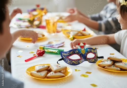 Kids enjoying purim celebration with traditional treats and festive masks, creating joyful atmosphere photo