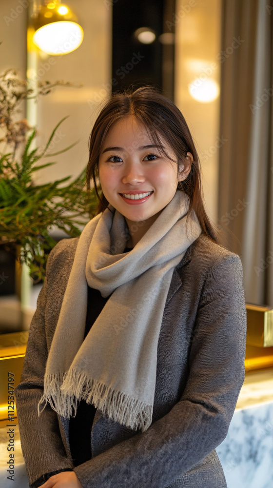 A friendly east asian female concierge smiles warmly in a stylish hotel lobby wearing a scarf against a backdrop of elegant decor and soft lighting A friendly east asian female concierge smiles warmly in a stylish hotel lobby wearing a scarf against a backdrop of elegant decor and soft lighting