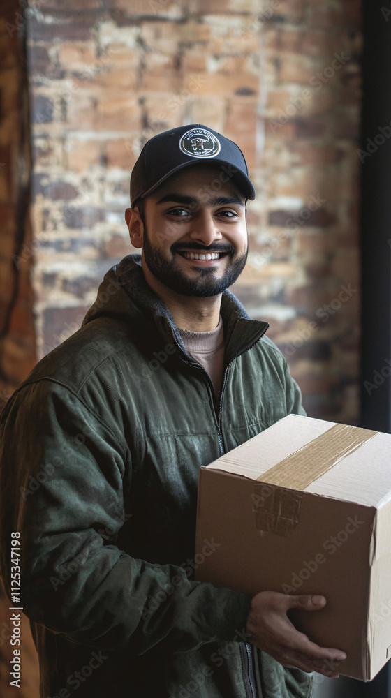 A friendly south asian man in his late 20s smiles while holding a cardboard box, standing against a brick wall in a cozy indoor setting