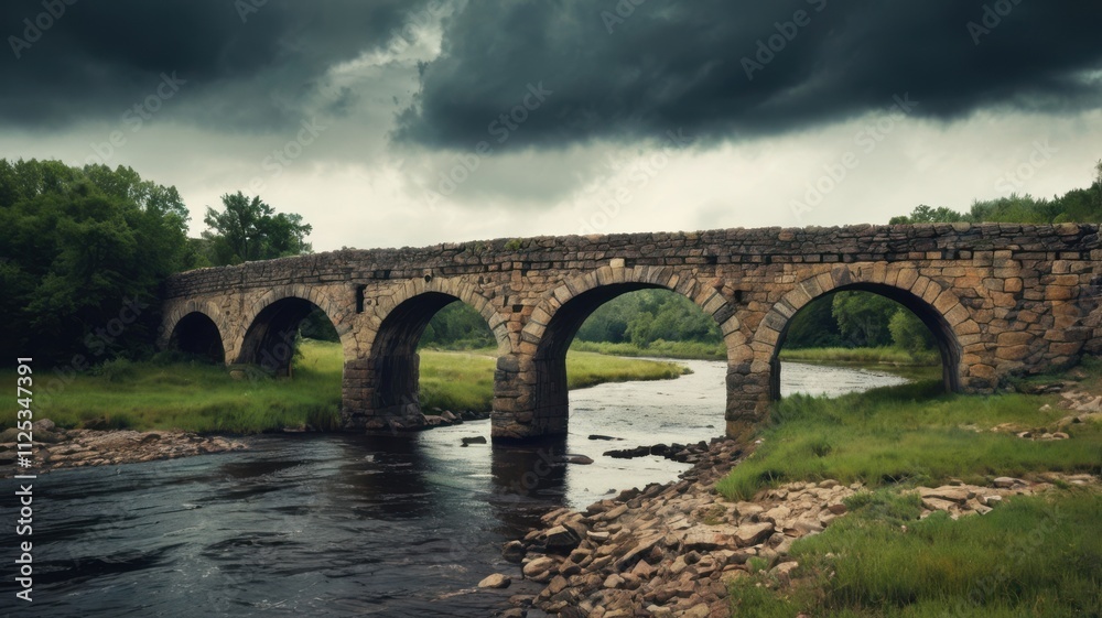 Fototapeta premium Crumbling stone bridge over a black river with creeping mist. 