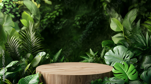 Fototapeta Naklejka Na Ścianę i Meble -  Lush green jungle with wooden product display podium natural 3d background for showcase digital render. Lush. Illustration