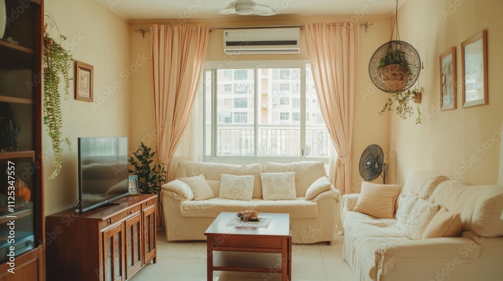 Cozy living room with beige sofa, curtains, and wooden furniture. Cozy living room with beige sofa, curtains, and wooden furniture.