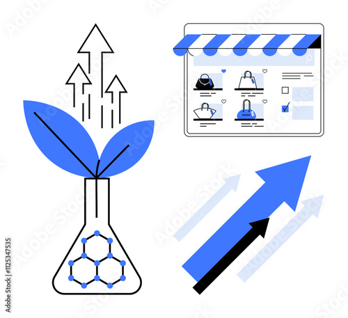 Flask with leaves, upward arrows, and e-commerce website window with products. Ideal for innovation, business growth, environmental sustainability, scientific development, e-commerce, technology photo