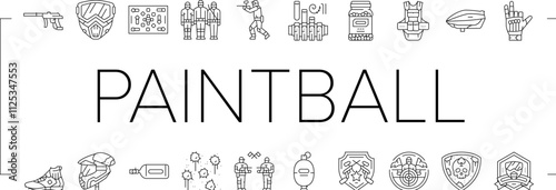 paintball game player team icons set vector. ball paint, target gun, friends fun, splash group, military adrenaline, splatter paintball game player team black contour illustrations