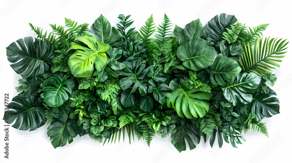 Lush tropical foliage diverse array of exotic leaves and fronds creating natural green tapestry isolated on white for versatile design use. Lush. Illustration Lush tropical foliage diverse array of exotic leaves and fronds creating natural green tapestry isolated on white for versatile design use. Lush. Illustration