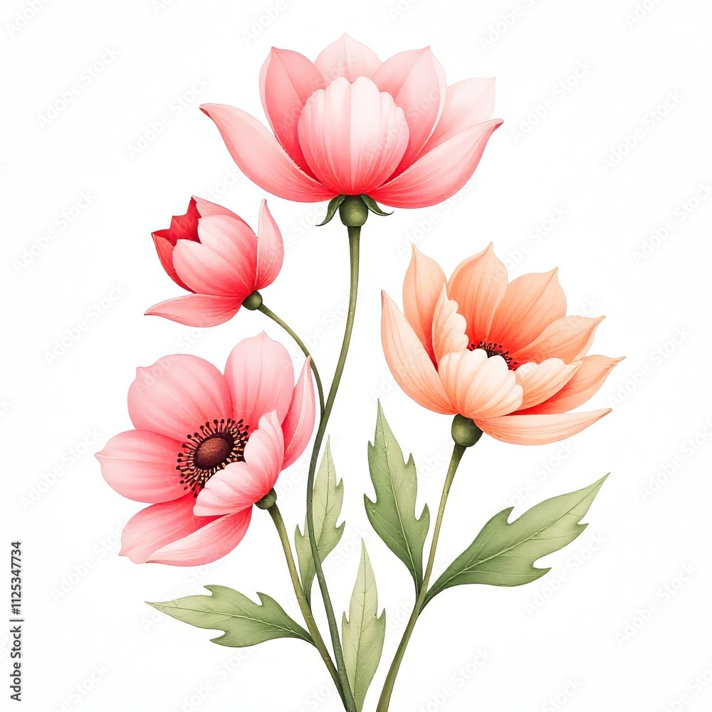 Fototapeta premium Delicate Pink and Peach Floral Arrangement Against White Background