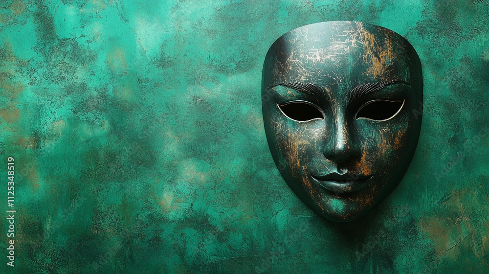 A green mask with a gold face A green mask with a gold face