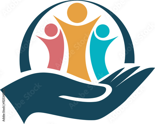 A logo with a stylized hand in a protective gesture representing diversity and unity, illustration of a hand holding unity people photo