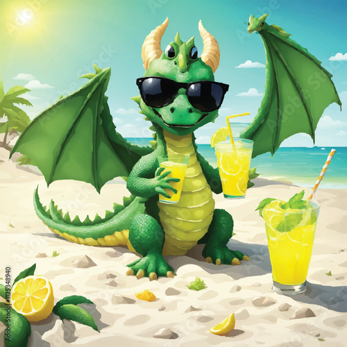 Digital illustration of a green lizard on vacation sunbathing and drinking a cocktail from a coconut. Vector of a reptile on the beach sitting on sand with sunglasses vector illustration.	