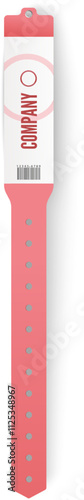 Pink wristband with adjustable closure, featuring company logo, barcode, and space for additional information, designed for event access control and identification